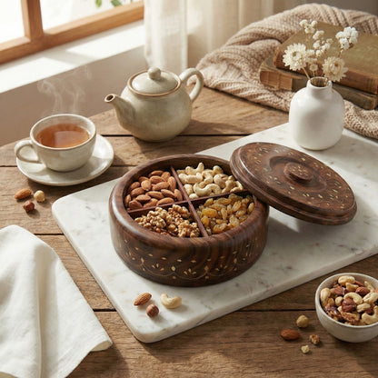 Solid Sheesham Wood Multi-Purpose Masala & Dry Fruit Box with Floral Inlay Work
